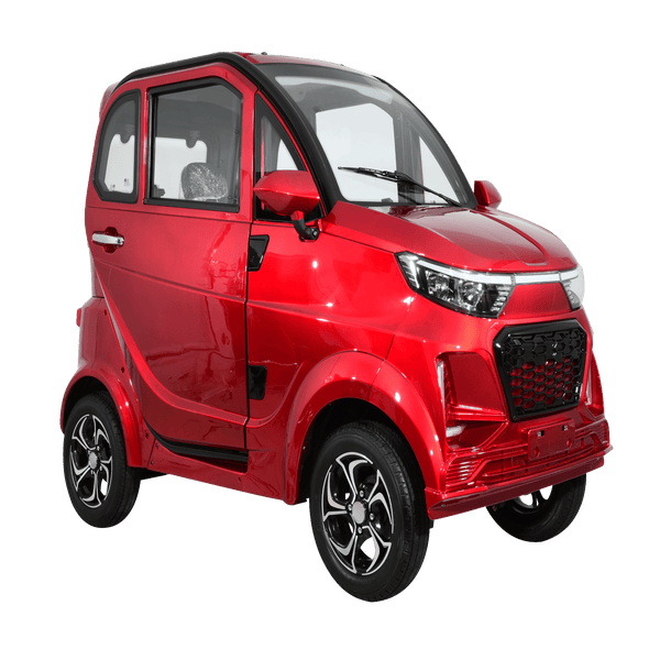 Front Right View Of The Green Transporter Q Runner Express Enclosed Mobility Scooter Shown In Red Color