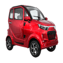 Front Right View Of The Green Transporter Q Runner Express Enclosed Mobility Scooter Shown In Red Color