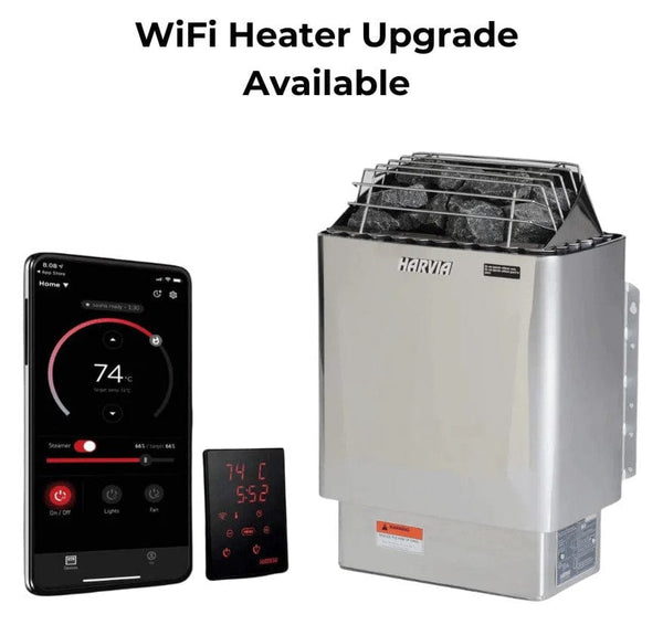 Front View Of The Harvia Heater With Optional WiFi Heater Upgrade For The Golden Designs Visby 3-Person Hybrid Outdoor Sauna | GDI-8223-01