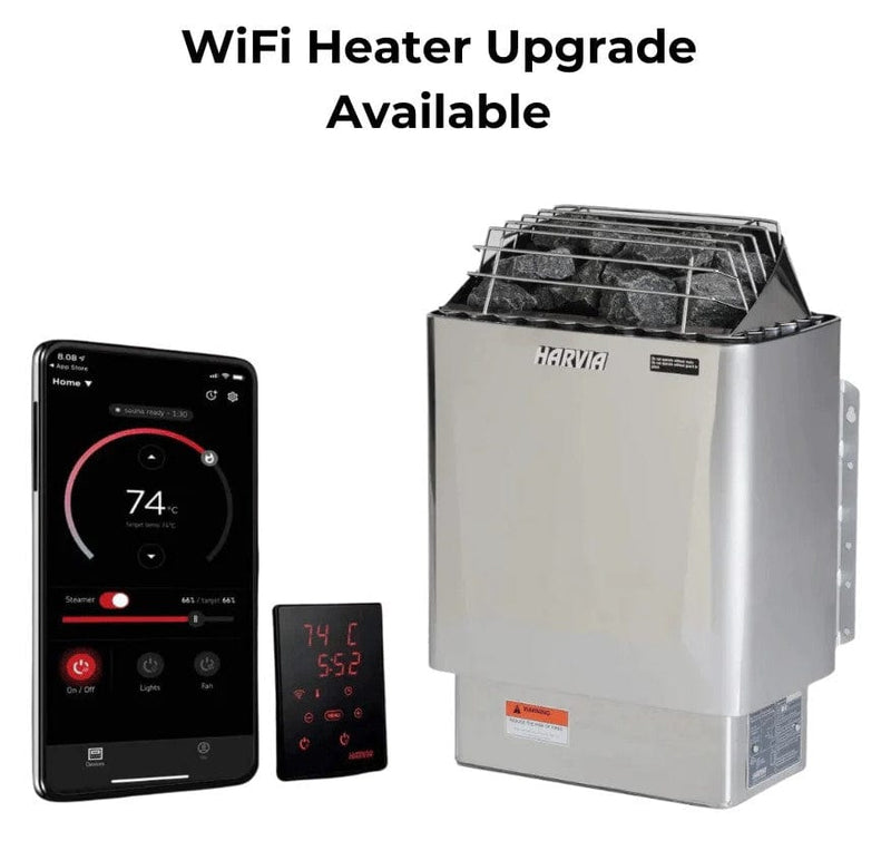 Front View Of The Harvia Heater With Optional WiFi Heater Upgrade For The Golden Designs Visby 3-Person Hybrid Outdoor Sauna | GDI-8223-01