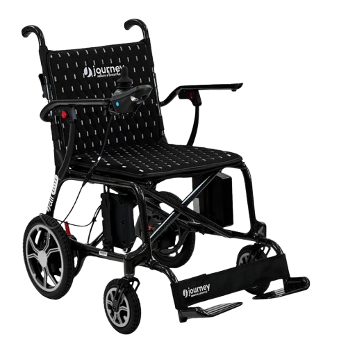 Front View Of The Journey Air Elite Carbon Fiber Electric Wheelchair Shown In Black Trim