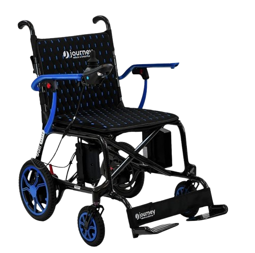 Front View Of The Journey Air Elite Carbon Fiber Electric Wheelchair Shown In Blue Trim