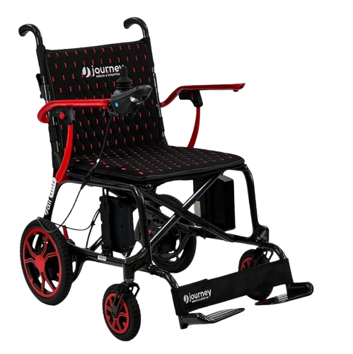 Front View Of The Journey Air Elite Carbon Fiber Electric Wheelchair Shown In Red Trim