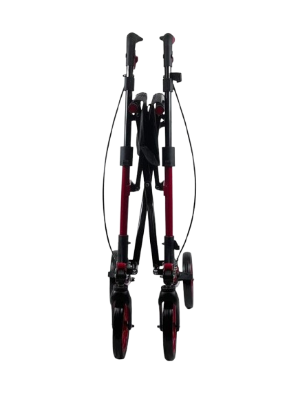 Front View Of The Journey Breeze UPWalker Rollator Shown In Red Color Folded Position