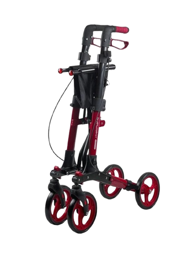 Front View Of The Journey Breeze UPWalker Rollator Shown In Red Color In Folded Position