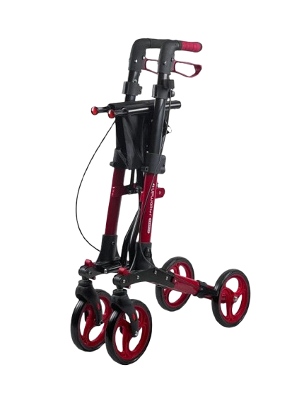 Front View Of The Journey Breeze UPWalker Rollator Shown In Red Color In Folded Position