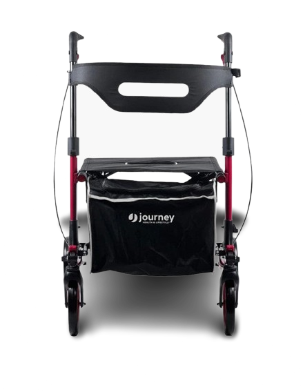 Front View Of The Journey Breeze UPWalker Rollator Shown In Red Color 