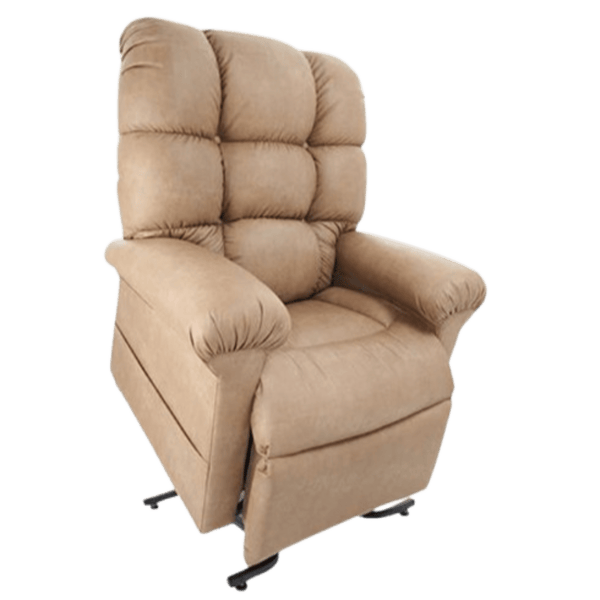 Front View Of The Journey Perfect Lift Chair With Miralux Fabric Shown In The Saddle Color In The Elevated Position