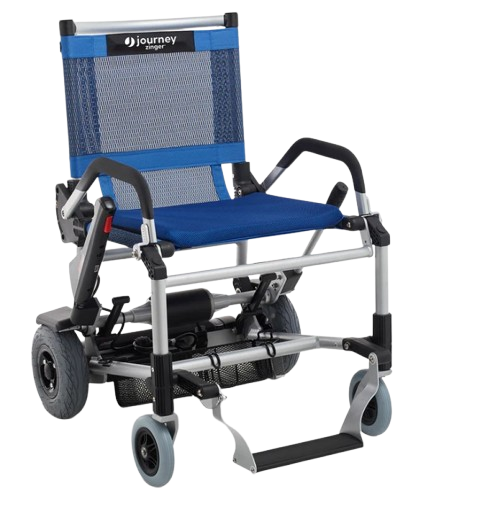 Front View Of The Journey Zinger Electric Wheelchair Shown In Blue Color