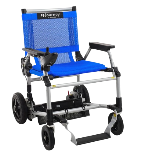 Front View Of The Journey Zoomer Electric Wheelchair Shown In Blue Color