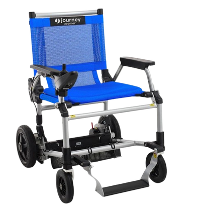 Front View Of The Journey Zoomer Electric Wheelchair Shown In Blue Color