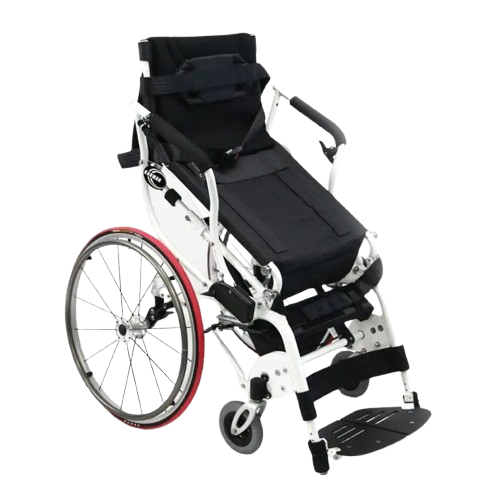 Front Right View Of The Karman XO-55 Horizon Standing Wheelchair In The Slightly Raised Position