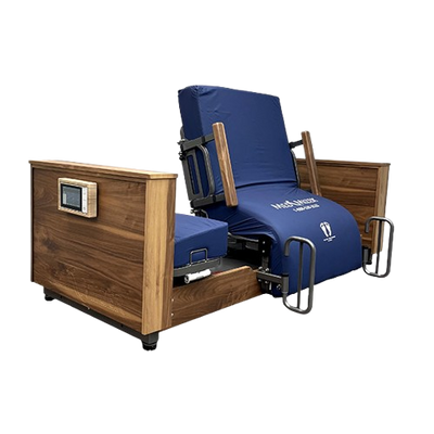 Front View Of The Med Mizer Active Care Deluxe Rotating Bed With Leg Rails And Bed In The Chair Position