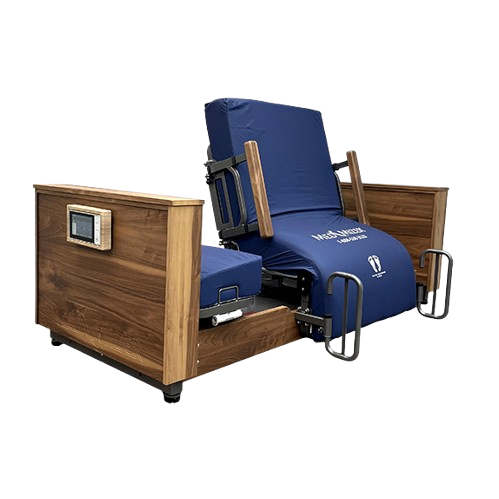 Front View Of The Med Mizer Active Care Deluxe Rotating Bed With Leg Rails And Bed In The Chair Position
