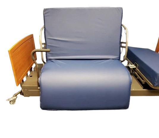 Front View Of The Med Mizer Active Care Rotating Bed Shown With 1/4 Length Side Rails And Mobility Bar
