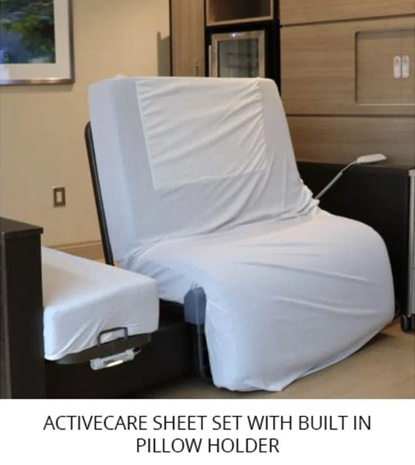 Front View Of The Med Mizer Active Care Rotating Bed Shown With Active Care Sheet Set With Built In Pillow Holder