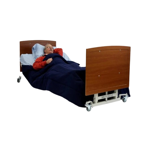 Front View Of The Med Mizer AllCare AC-C Ultra Low Adjustable Bed Shown With Cherry Boards And Elderly Man Lying Down