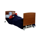 Front View Of The Med Mizer AllCare AC-C Ultra Low Adjustable Bed Shown With Cherry Boards And Elderly Man Lying Down