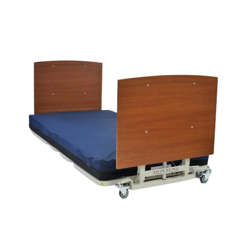 Front View Of The Med Mizer AllCare AC-C Ultra Low Adjustable Bed Shown With Cherry Boards And In The Flat Position