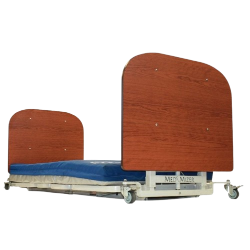 Front View Of The Med Mizer AllCare AC-N Ultra Low Adjustable Bed In The Flat Position Shown With Mahogany Boards