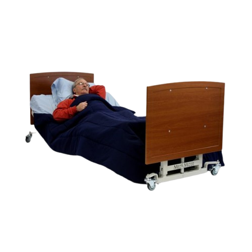 Front View Of The Med Mizer AllCare AC-N Ultra Low Adjustable Bed In The Flat Position Shown With Man Lying Down And Cherry Boards