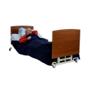 Front View Of The Med Mizer AllCare AC-N Ultra Low Adjustable Bed In The Flat Position Shown With Man Lying Down And Cherry Boards