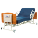 Front View Of The Med Mizer EX8000 Bariatric Adjustable Bed Shown With Cherry Finished Boards, Mattress, And 1/4 Length Side Rails