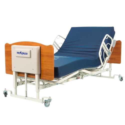 Front View Of The Med Mizer EX8000 Bariatric Adjustable Bed Shown With Cherry Finished Boards, Mattress, And 1/4 Length Side Rails