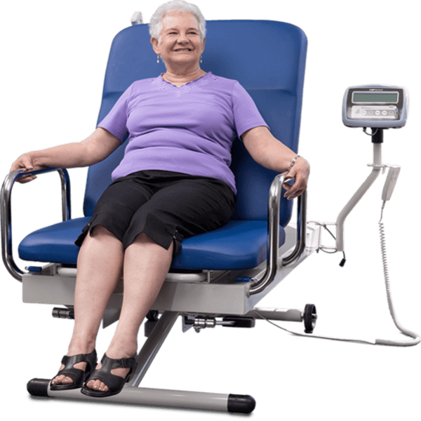 Front View Of The Med Mizer UpScale Adjustable Treatment Table With Scale And Elderly Woman Sitting 