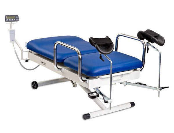Front View Of The Med Mizer UpScale Adjustable Treatment Table With Scale And Stirrups Attachment