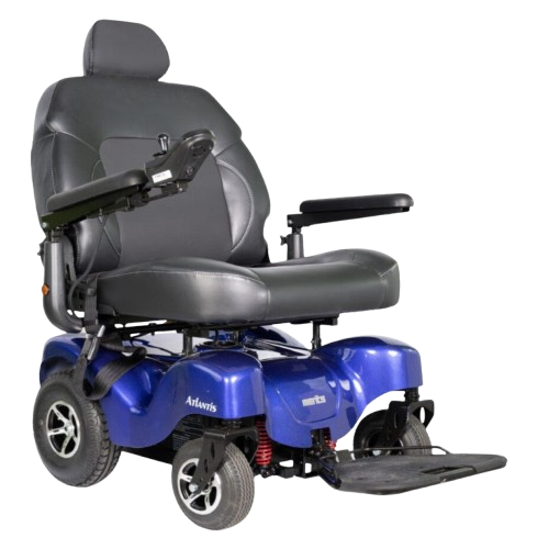 Front View Of The Merits Atlantis Heavy Duty Power Chair In Blue Color