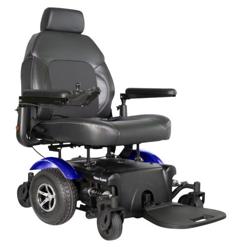 Front View Of The Merits Vision Super Heavy Duty Power Chair In Blue Color