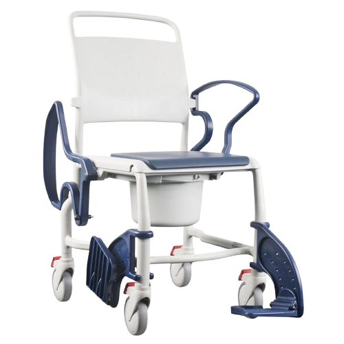 Front View Of The Rebotec Bonn Shower Commode Chair Shown With One Leg Rest And One Armrest In The Adjusted Position