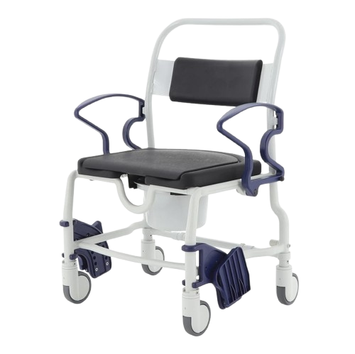 Front View Of The Rebotec Dallas Bariatric Shower Commode Chair With Armrests In Standard Position And Leg Rests In The Adjusted Position