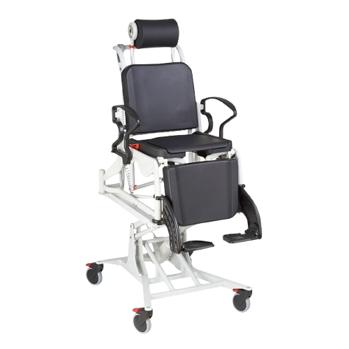 Front View Of The Rebotec Phoenix Height Adjustable Shower Commode Chair In The Raised Position With Leg Rests