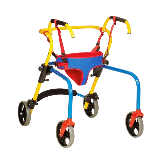 Front View Of The Rebotec Pluto Posterior Child Rollator With Gait Training Accessory