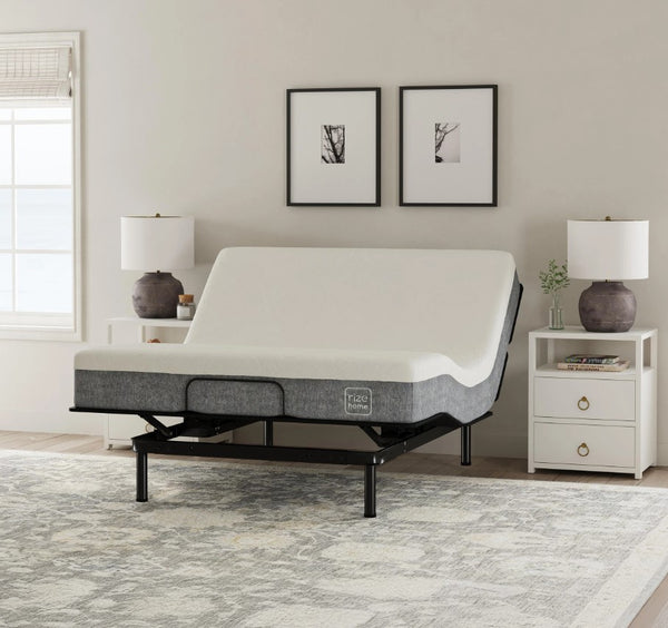 Front View Of The Rize Home Cool Flex 10" Hybrid Mattress Shown With Adjustable Base In The Adjusted Position In A Bedroom Setting With Nightstands And Lamps