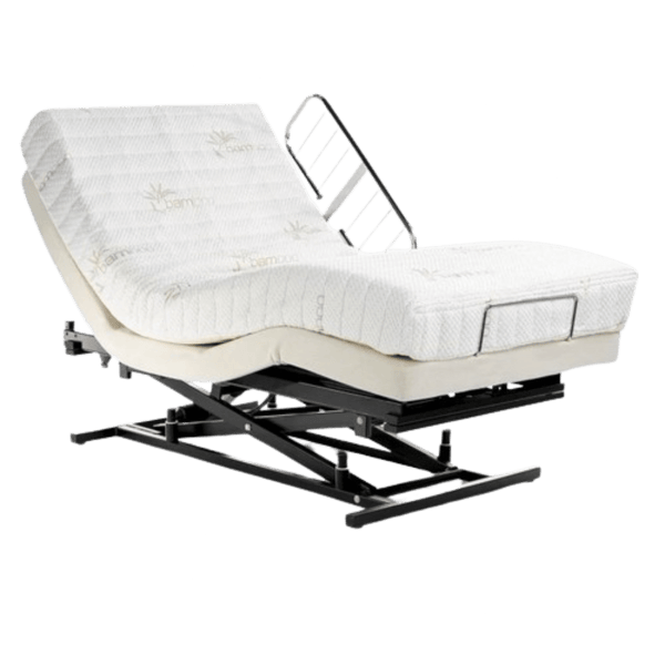 Front View Of The Transfer Master Supernal Hi Low Adjustable Bed With A Mattress And Side Rail