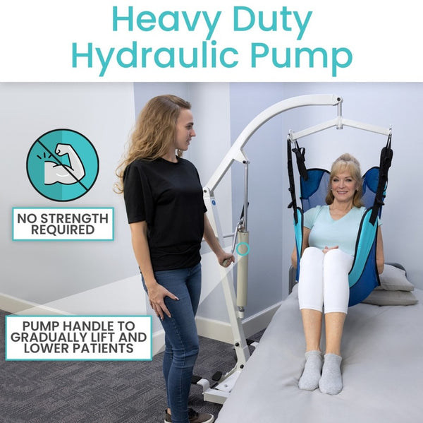 Front View Of The Vive Health Hydraulic Patient Lift With Sling With A Woman Being Transferred From The Sling To A Bed With Text 'Heavy Duty Hydraulic Pump'