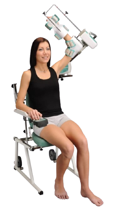 Front View Of Woman Using The Kinetec Centura Shoulder CPM Machine With Arm Raised