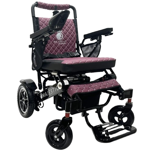 Front View Of The ComfyGo IQ 7000 Electric Wheelchair Shown With Purple Colored Cushions And Black Frame