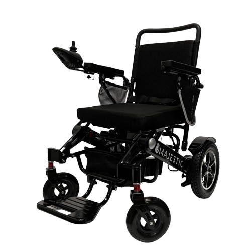 Front View Of The ComfyGo IQ 7000 Electric Wheelchair Shown With Standard Colored Cushions And Black Frame