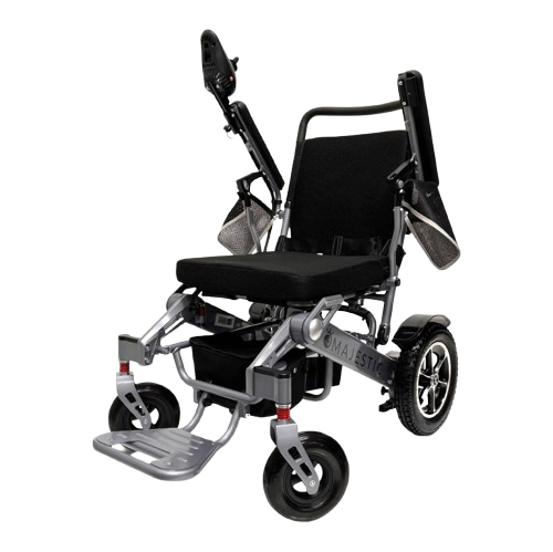 Front View Of The ComfyGo IQ 7000 Electric Wheelchair Shown With Standard Cushion Color And Silver Frame Color