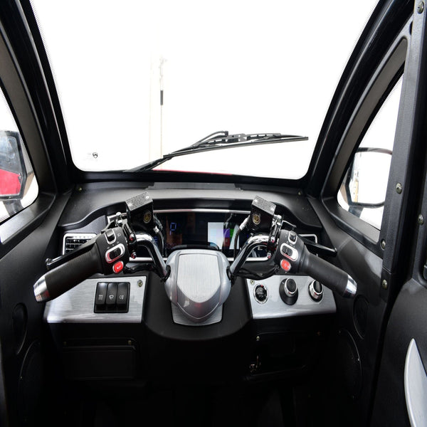 Green Transporter Q Express Enclosed Mobility Scooter Dashboard View With Handlebar Controls