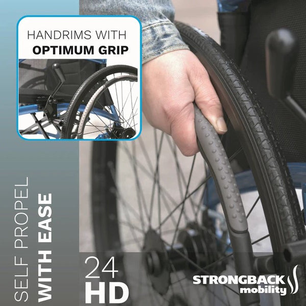 Hand Holding The Strongback 24HD Heavy Duty Wheelchair Handle With Promotional Text For Strongback Mobility Products 