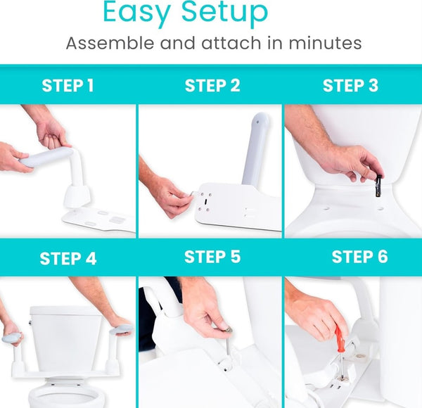 Image Of An Installation Step Guide For The Vive Health Rise Up Toilet Rail With Text 'Easy Setup' And 'Assemble And Attach In Minutes'.