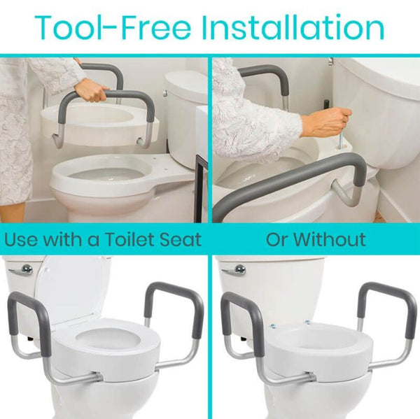 Images Demonstrating The Tool-Free Installation Of The Vive Health Toilet Seat Riser With Handles