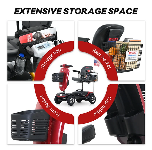 Images Highlighting The Extensive Storage For The Metro Mobility Patriot 4 Wheel Mobility Scooter