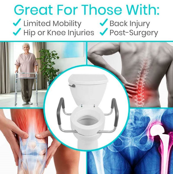 Images Highlighting The Who The Vive Health Toilet Seat Riser With Handles Is Ideal For With Text 'Great For Those With' And 'Limited Mobility, Hip Or Knee Injuries, Back Injury And Post-Surgery'