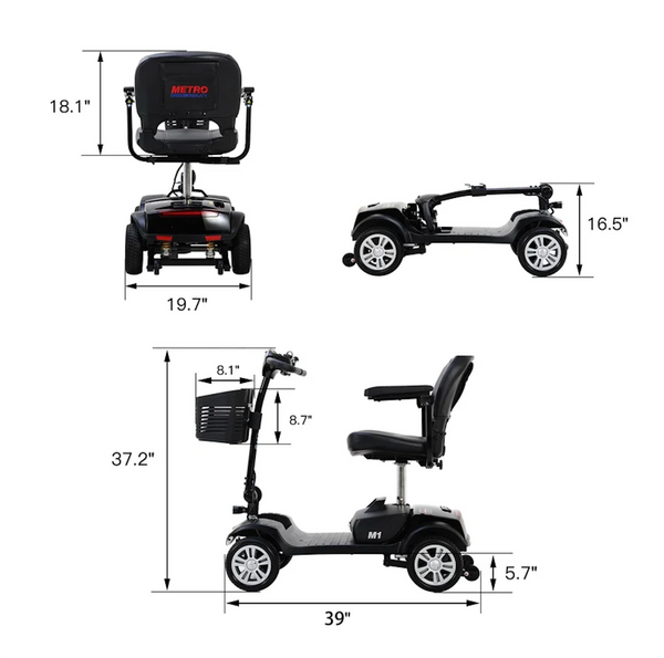 Images Of The Different Perspectives Of The Metro Mobility M1 Mobility Scooter Highlighting Its Dimensions